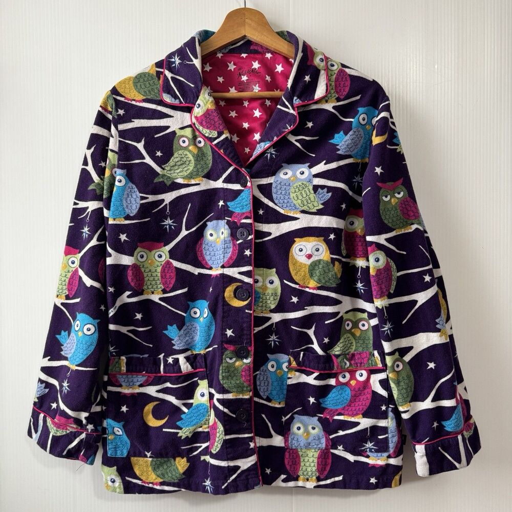 Nick & Nora Sz M Cotton Flannel Owl Print Pajama Top Only Purple Women’s